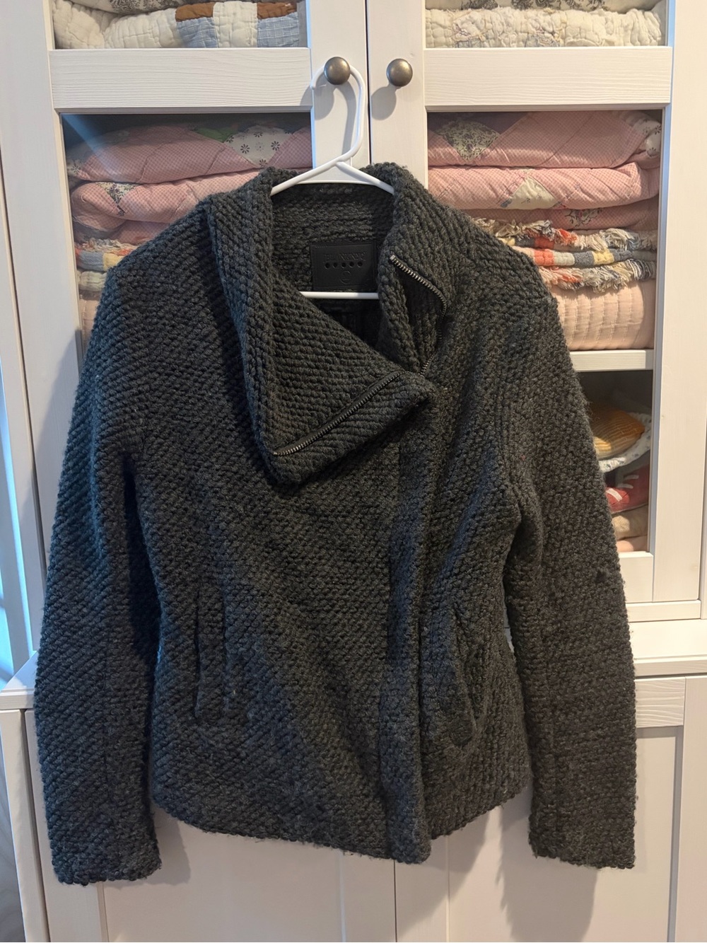 Blank NYC Charcoal Gray Textured Knit Zip-Front Sweater Jacket